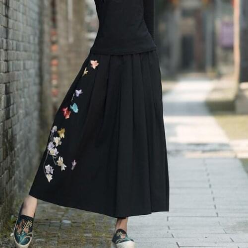 Ethnic pantskirt women autumn winter boho designer long black butterfly embroidery skirt traditional Chinese clothing AF602