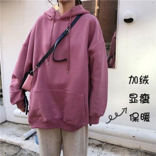 Harajuku Plus Velvet Sweatshirt Women Solid Loose Hoodies Women Casual Chic Daily Big Pocket Korean Style Sweet Pullover