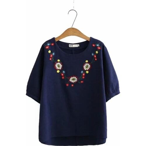 Plus size O neck Cotton linen lantern sleeve women loose tshirts 2021 new summer casual Embroidery ladies t shirts female top