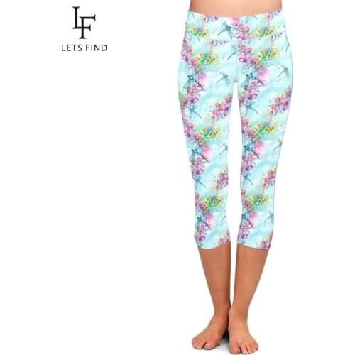 LETSFIND Women Leggings Dragonflies and Flowers Pattern Milk Silk Print Mid-Calf Pants High Waist Plus Size Fitness Leggings