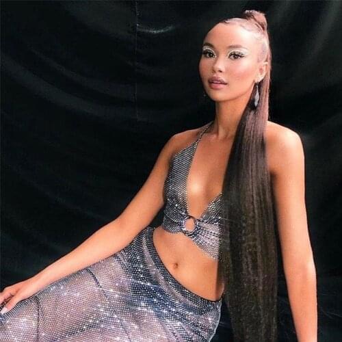 New Women Matching Sets Sleeveless Mesh Rhinestone Cocktail Party Crop Tops and Skirts tracksuits Two Pieces Sets Wholesale