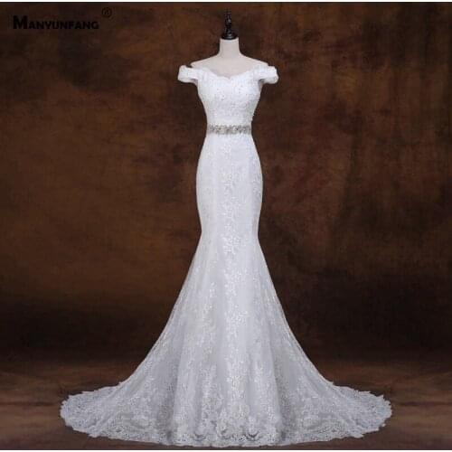 Elegant Off the Shoulder Embroidery Appliques Tulle Mermaid Wedding Dress Custom Made Sequins Boat Neck Chapel Train Bridal Gown