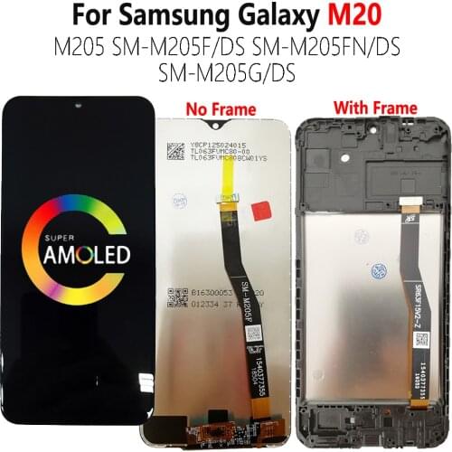 AMOLED LCD + Frame For SAMSUNG Galaxy M20 M205 Display SM-M205F/DS M205G M205FN LCD Screen Touch Sensor Digitizer Assembly 6.3"