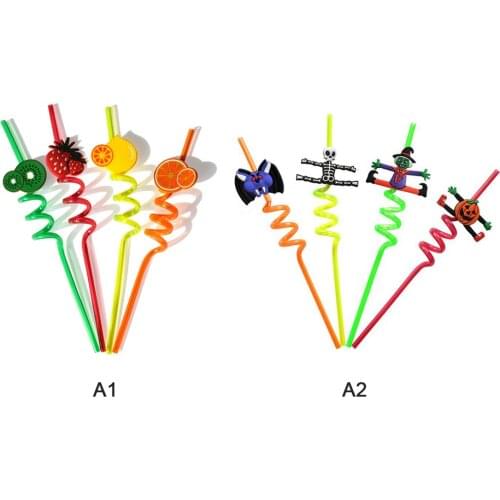 4 Pcs Plastic Cartoon fruit pattern Paper Straws For Kids Birthday Wedding Decoration Event Party Supplies Creative Mixed Colors