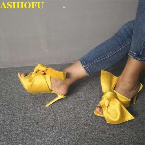 ASHIOFU Handmade Real Photos Ladies High Heel Slippers Butter-knot Sexy Party Summer Shoes Peep-toe Evening Fashion Slippers