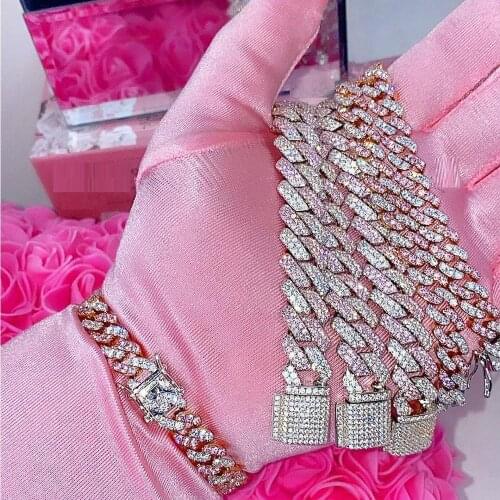 Micro pave pink white cubic zirconia cz cuban chain 15mm Miami cuban link chain hip hop bling women bracelets