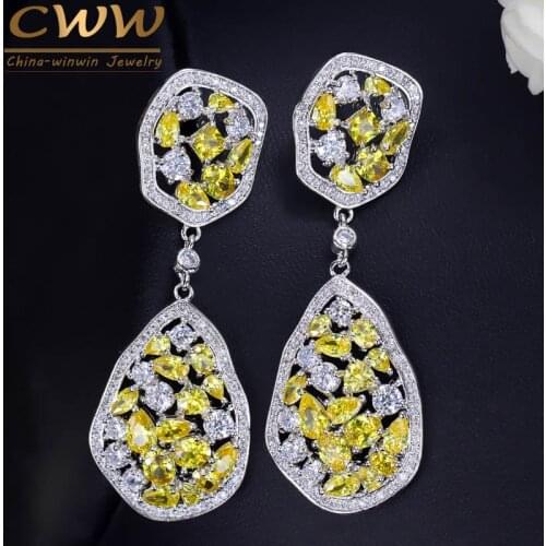 CWWZircons Irregular Design White Gold Color Long Drop Gorgeous CZ Crystal Yellow Stone Earrings for Women Jewelry CZ288