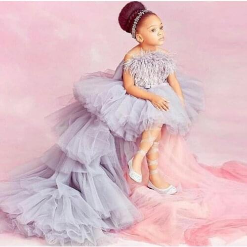 Grey High Low Kids Pageant Dresses Feather Ruffles Tier Front Short Back Long Flower Girls Dress 2021