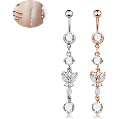 Hot Sale Rose Gold Dangle Navel Rings Cute Butterfly Navel Bars Women Fashion Belly Button Ring Piercing Body Jewelry