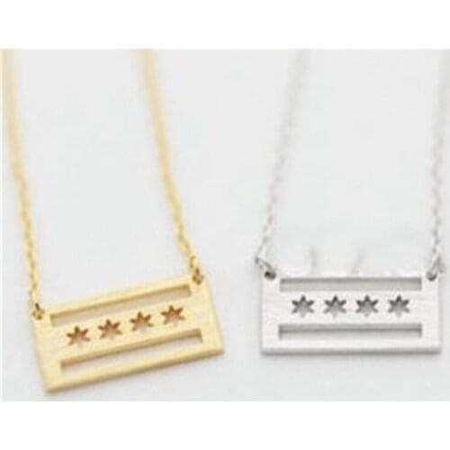 Dainty Chicago Flag Pendant Necklace Fort Dearborn Illinois State USA Stars Stripes United States Charms Bar Pendants For Women