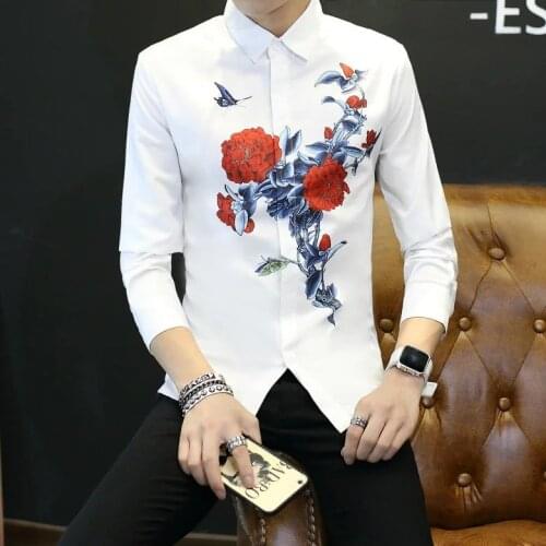 Club Mens Floral Character 3D Slim Fit Flowers Printed Shirt Cotton Blend White Tops Boys Blouse F67