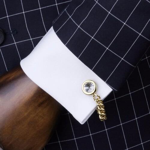 Round Big Crystal Cufflinks for Mens Tuxedo Buckle Shirt Stud Button Brass Chain Cuff Links Jewelry Wedding Gifts Z559