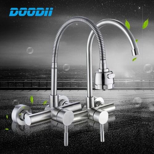 Stainless Steel Kitchen Faucet Wall Mounted Double Holes installation 360 Degree Swivel Wall Kitchen Mixers Kitchen Sink Tap
