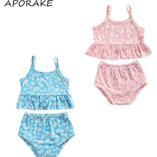 2021 0-4Y Kids Baby Girl Clothing Set Daisy Print Sleeveless Top Vest+Shorts Summer Sweet Outfits 2pcs