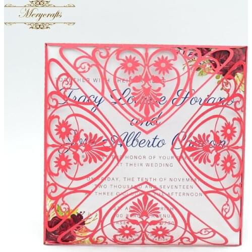 Fashionable four fold heart shape flower pattern wedding decoration laser cut outer invitation card