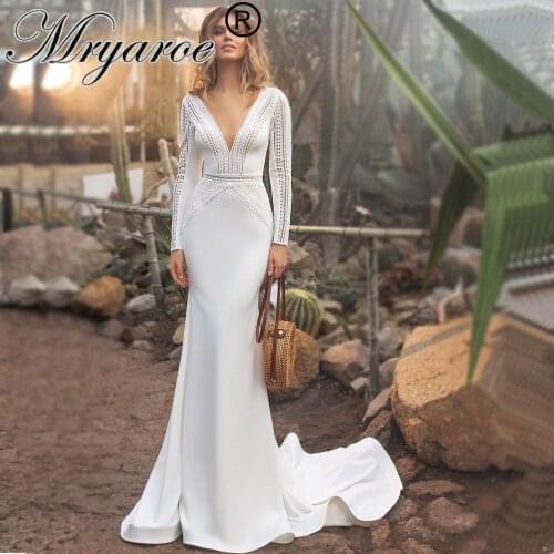 Mryarce Modern Bride Long Sleeves Lace Crepe Flexible Mermaid Wedding Dress Bridal Gowns
