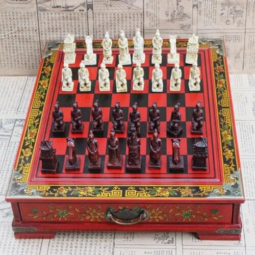 Chinese Archaistic Chess Set 32 Chess Pieces Wooden Chessboard Collection Terra-cotta Warriors Vintage Chess Set Entertainment