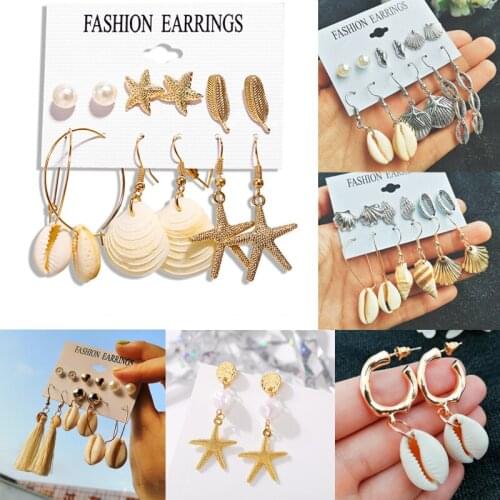 Bohemian Real Cowrie Conch Shell Earrings Set Ocean Beach Starfish Geometric Drop Earrings for Women Pendientes Brincos