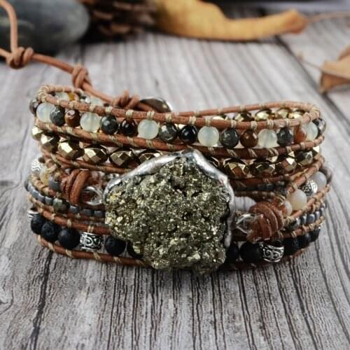 Raw Pyrite Boho Bracelet Mixed Natural Stones 5 Strands Wrap Bracelets Handmade Pyrite Charm Leather Bracelet Women Bracelets