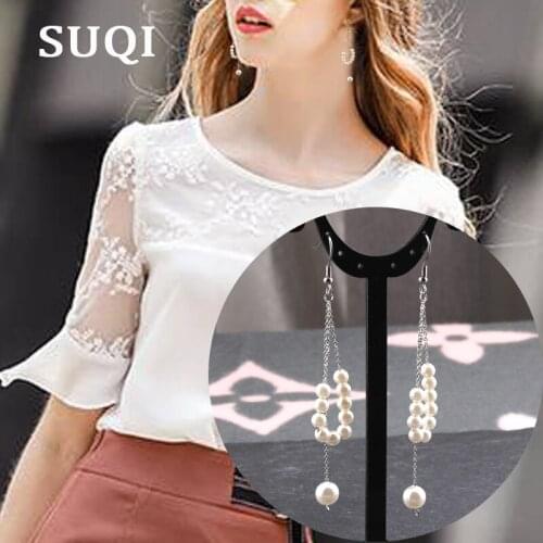 SUQI New Fashion pearl simple tassels long earrings,stainless steel Earrings for women Beads earrings Ornaments jewelry Gifts