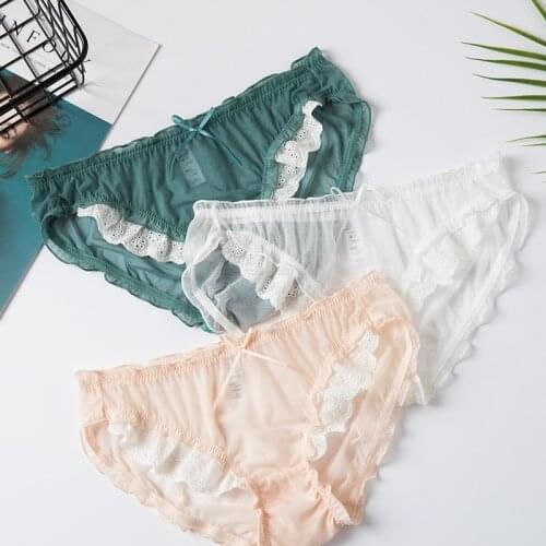 Solid Color Lace Girls Thongs Lingerie Transparent Mesh Low-Waist Panties Hip-Lift Breathable Cotton Crotch Briefs Sex Underwear