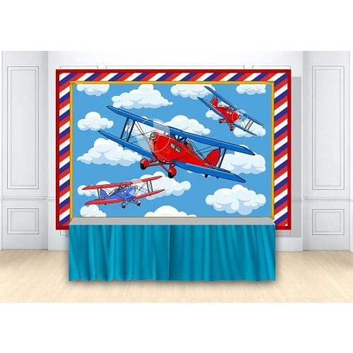 Adventure Theme Birthday Party Backdrop Cartoon Airplane Vintage Stamp Banner Background Photo Booth Studio Prop Wall Decoration