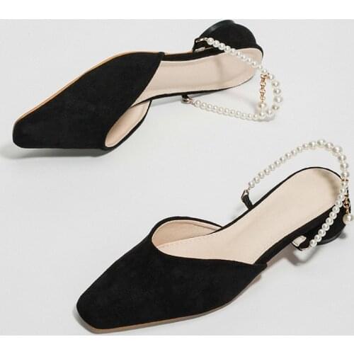 Pearl chains ankle strap gladiator sandals women square toe flock summer shoes strange heels pearl slides sandalias mujer NS127