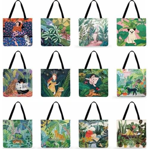 Ladies Shoulder Bag Topical Plant Printed Tote Bag For Women Casual Totes Linen Fabric Bag Foldable Shopping Bag Beach Bag