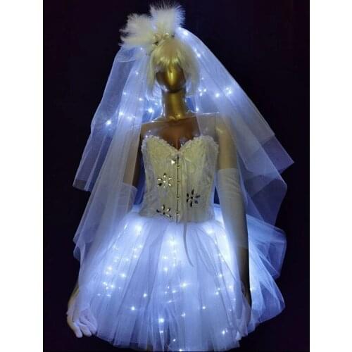 Shine white crystal skirt with glow bar wig gloves gogo nightclub Singer Stage Wear Costume Women Evening Pa rty Prom show