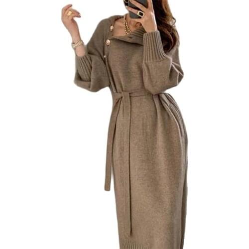 Retro knitted dress 2021 autumn/winter high neck button two-wear lace-up waist sweater long skirt fashionable womens clothing