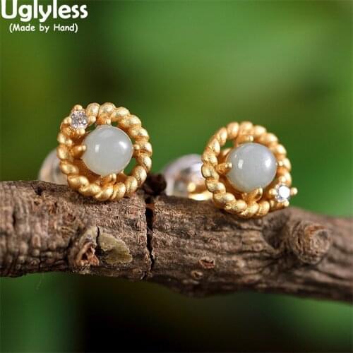 Uglyless 8MM MINI Hollow Twisted Garland Earrings Women Luxury Emerald Agate Studs Earrings Gold 925 Silver Dress Jewelry Zircon