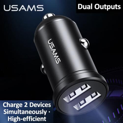 USAMS Dual USB Car Charger for Phone 2.4A Fast Mobile Phone Charger Adapter for iPhone 11 Pro Samsung Huawei Car Phone Charger