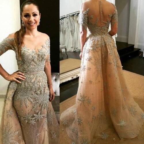 Champagne Evening Dresses With Detachable Train Jewel Neck Major Beaded Mermaid Prom Dress Long Sleeve Party Gowns Second Recept