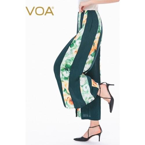 VOA 22m/m Silk Jacquard Natural Waist Vertical Stripe Stitching Messenger Bag Hidden Zipper Loose Long Wide Leg Pants KE110