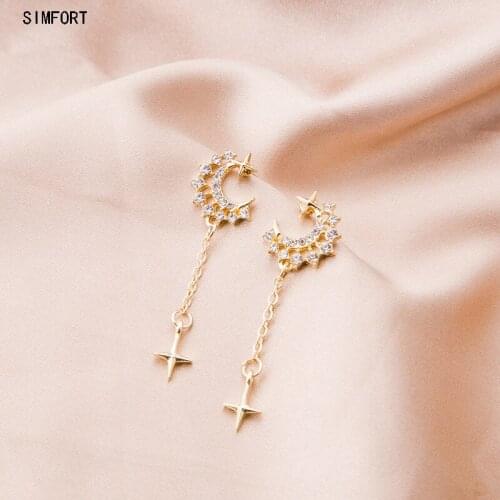 Womens 925 Silver Pin Earring Rhinestone Moon Star Tassel INS Elegant Fashion Simple Personality Alloy Decoration Jewelry Gift