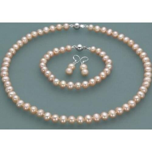 Women Jewelry Set 8-9mm Pink real pearl Choker necklace bracelet dangle earring highlight Natural Freshwater pearl