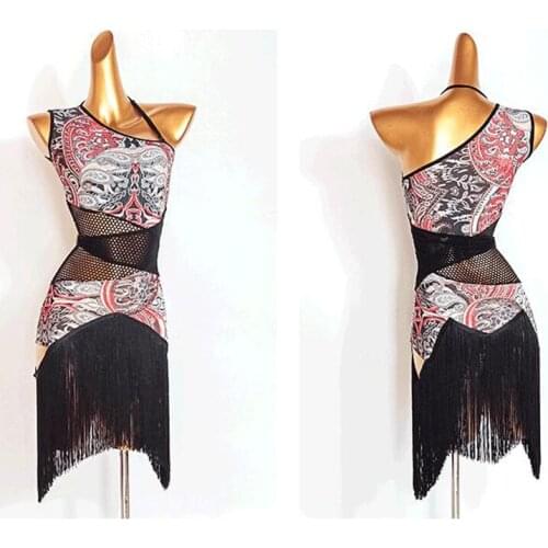 Latin Dance Practice Clothes Women Latin Fringed Dress Sexy Mesh Stitching Dance Skirt Samba Tango Latin Dance Dress DN9786