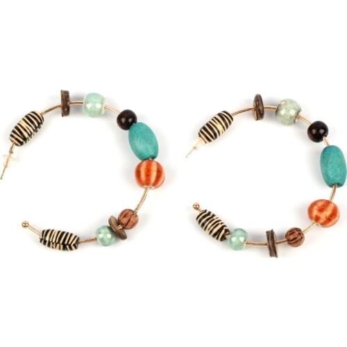 Gold Color Metal Round Wood Ceramics Bead Big Statement Drop Earrings for Women Florate Brand C Shape Dangle Earrings Jewelry