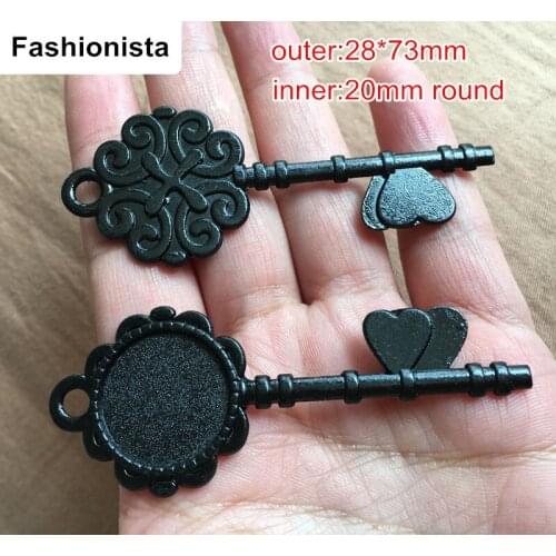 Antique Bronze Silver Black Filigree Heart Key Pendant Charm Finding,Round Base Setting Tray,Fit 20mm Cabochon/ Picture/Cameo