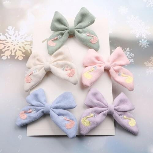 4Pcs Swan Embroidery Girls Barrettes HairBows Handmade Cotton Linen BowknotWITH/WITHOUT Clip Kids Headwear Accessories