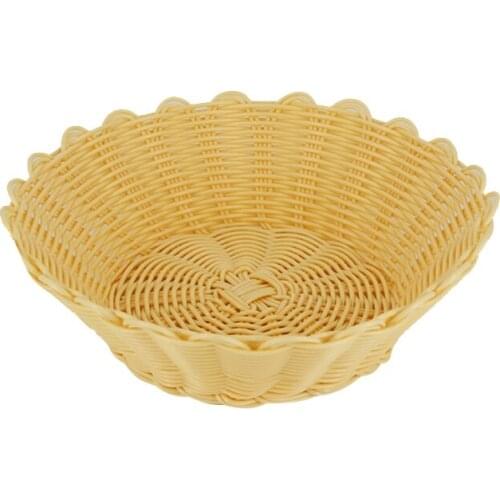 667A Plastic Fruit Bread Basket Woven Faux Rattan Round Bowls Food Serving Organizer