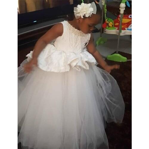 Real Picture White Puffy Baby Girls Dresses Pearls Lace Top Flower Girl Dress for Wedding Child Party Birthday Dress Kid Cloth