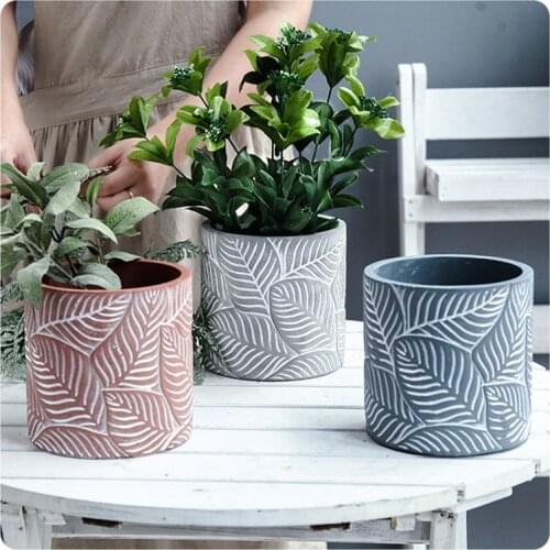 Concrete flowerpot silicone mold leaf pattern design concrete flowerpot gardening potted mould cylindrical shape