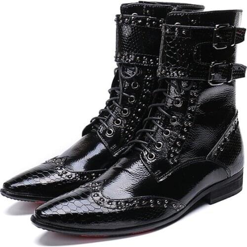 Botas militares patent black genuine leather ankle boots for men studded cowboy chelsea boots mens winter work safety chaussure