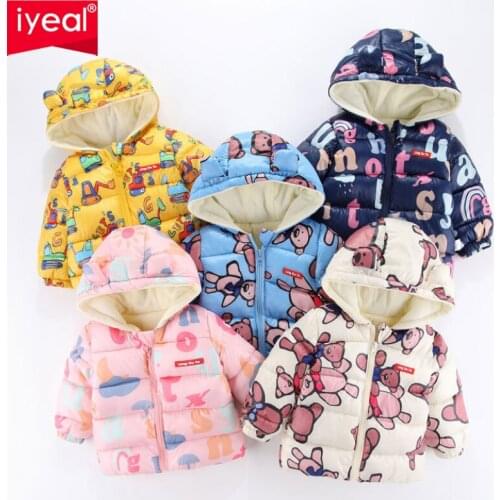 IYEAL Winter Baby Kids Jackets Thick Down Cotton Coats For Girls Outerwear Plus Velvet Toddler Boy Jacket Cartoon Hooded Coats