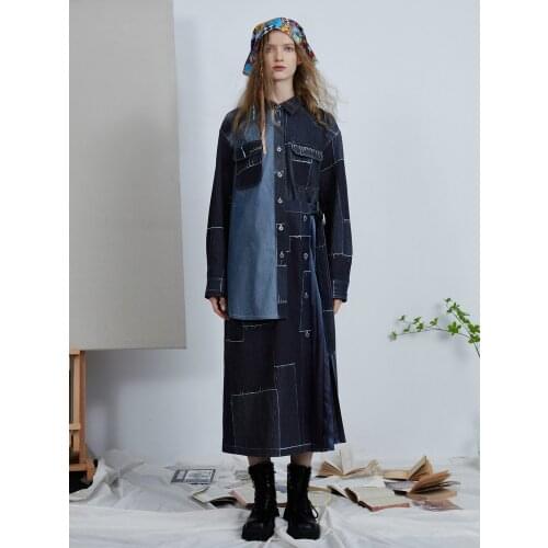 IRINACH463 Fall Winter 2021 Collection Original Design Pleated Patchwork Fake Two Piece Long Sleeve Denim Shirt Dress Women