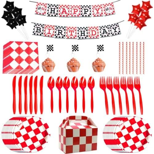 Racing Car Kids Birthday Party Decorations Supplies Red White Lattice Disposable Tableware Set Paper Cups Plates Baby Shower
