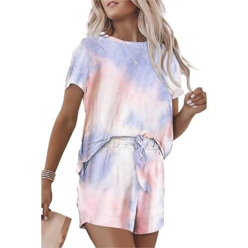 2pieces Women Casual Loose Tie Dye Clothing Sets Lady Short Sleeve Top + High Waist Shorts Sportwear Homewear Sets 2020