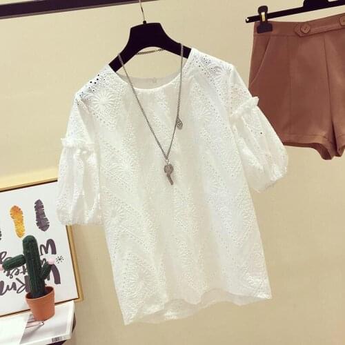Lace Hollow Out Women White Blouse Summer New 2021 O-Neck Lantern Sleeved Straight Sweet Style Female Pulls Tops