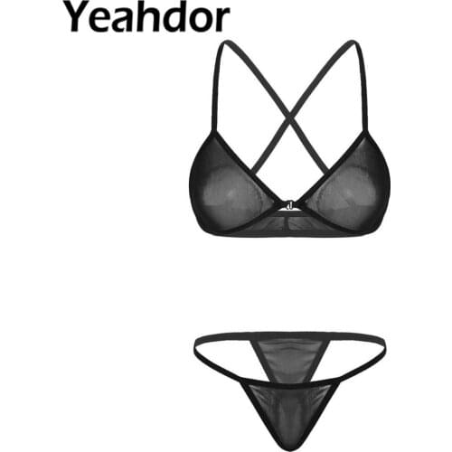 Womens Swimsuit See Through Sheer Mesh Bikini Lingerie Set Bra Top G-String Thong Briefs Underwear Woman Summer Bikinis Swimwear